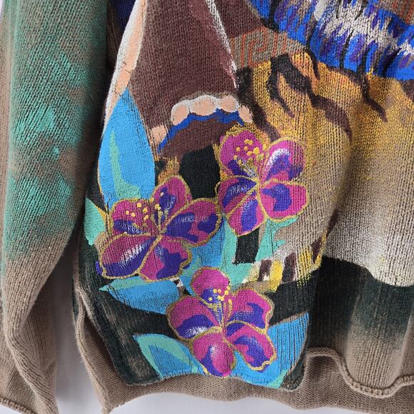 Vintage Sweater Women 1 (L XL) Handpainted Tiger Elephant 3D Flowers Tan Cropped - Picture 4 of 12